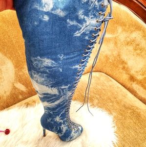 Denim knee high sexy stilleto boots lace up